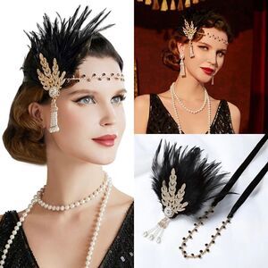 🪶✨ Art Deco 1920's Flapper Great Gatsby Pearl Black Feather Leaf Headband